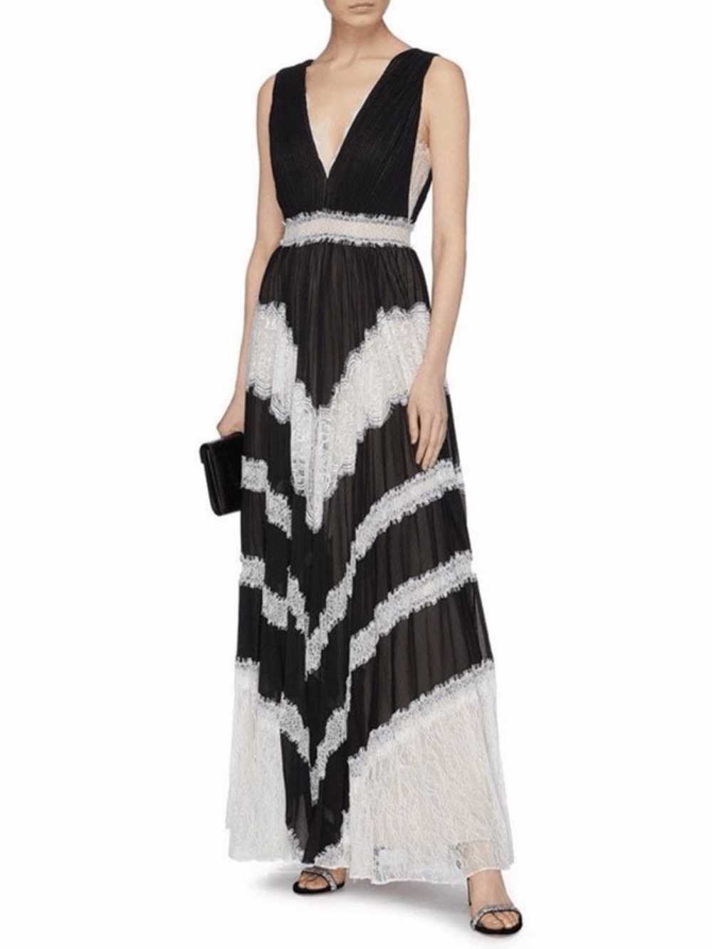 Black and White Lace-Trim V-Neck Evening Gown